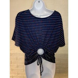 Navy/ Red Daisy May Stripe Crop Top With Rouched Circle Back Accent XL, Unique